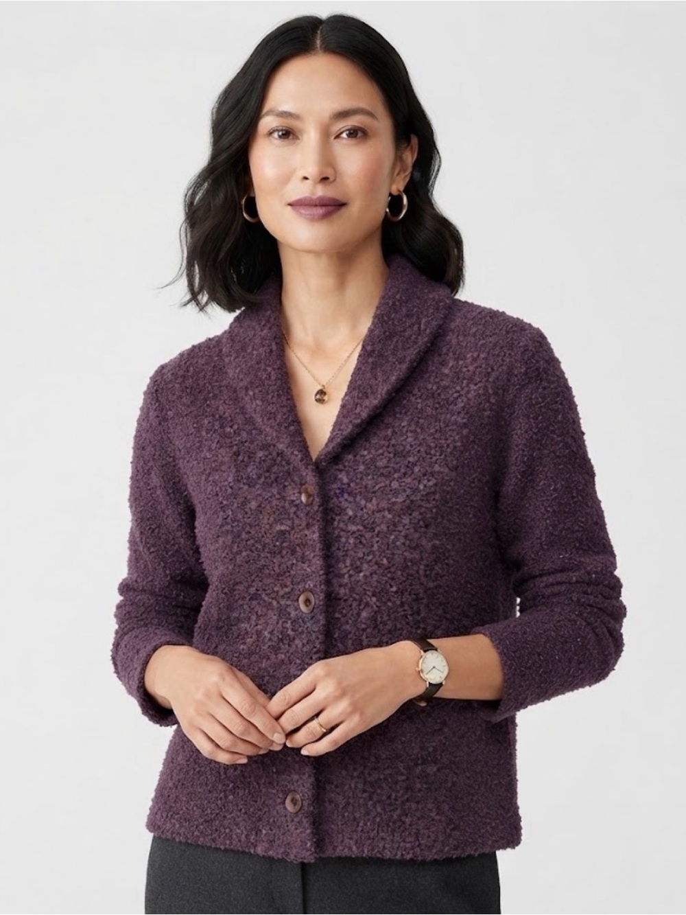 Eileen Fisher Purple Bouclé Wool Blend Shawl Collar Jacket Coat SZL Made in USA